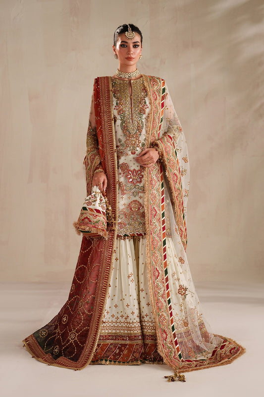 Baroque luxury unstitched net ensemble with intricate gold embroidery and traditional Pakistani design for festive wear