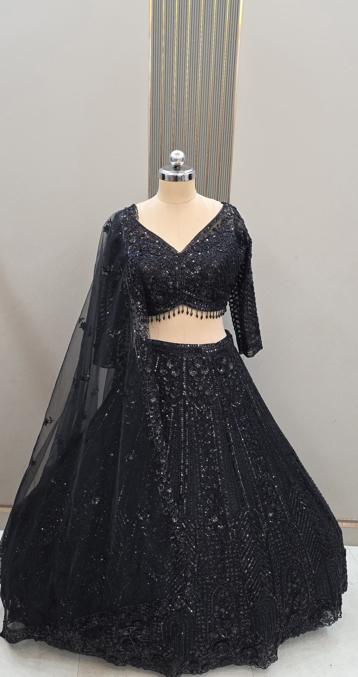 Midnight black heavy embroidered net party-wear lehenga with sequence and stone work by Tajori