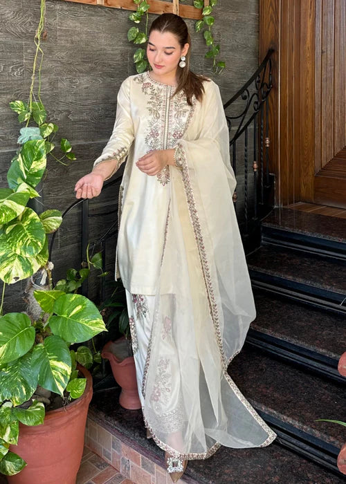 Off-white designer Farshi Sharara set for women, premium Pakistani ethnic wear collection, luxury party wear dress in Bangladesh