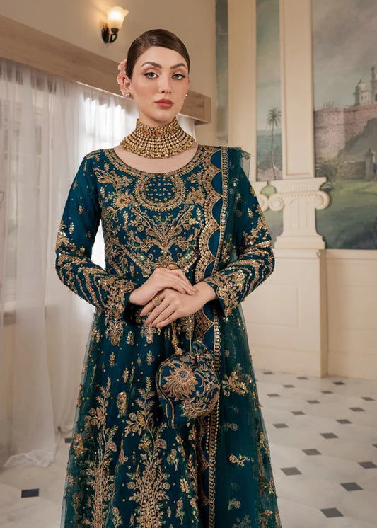 Front view of Haseens Official Heera cobalt blue embroidered anarkali maxi, luxury stitched suit