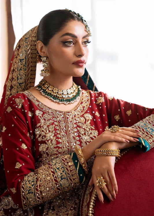 Woman in traditional embroidered outfit with jewelry against a white background