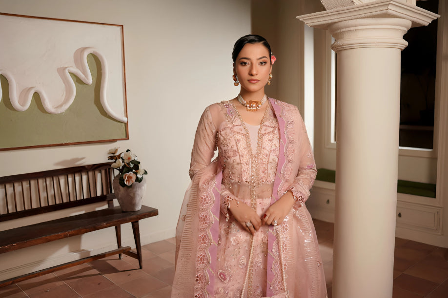 Sunehri-Zee by Maryam's premium unstitched pink organza festive suit, trending Pakistani designer wear online shopping in Bangladesh at Tajori