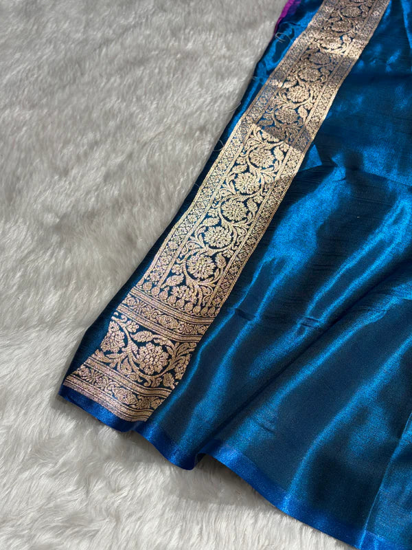 Textile and weave close-up of Zaira German Blue Satin Silk Indian Saree fabric, authentic quality by Tajori in Bangladesh