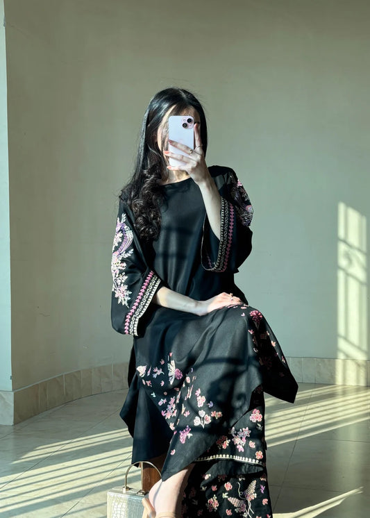 Trendy black embroidered long kurti and trousers set party wear Bangladesh