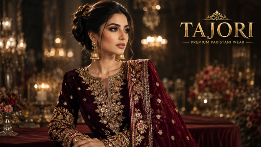 Stunning model in a Pakistani velvet suit for winter weddings, available at Tajori - the best original Pakistani dress website in Bangladesh.