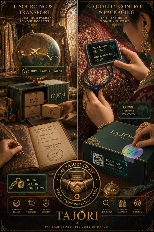 Original Pakistani designer clothes and premium lawn suits sourcing process at Tajori