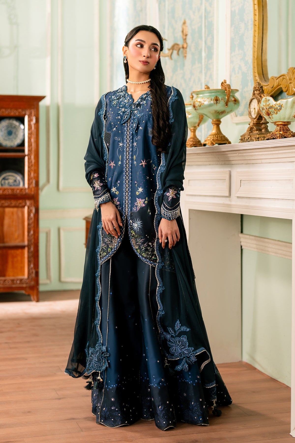 Qalmakar QSL-06 Nerina charmeuse silk printed and embroidered 3-piece suit front view, available for pre-order at Tajori in Bangladesh.