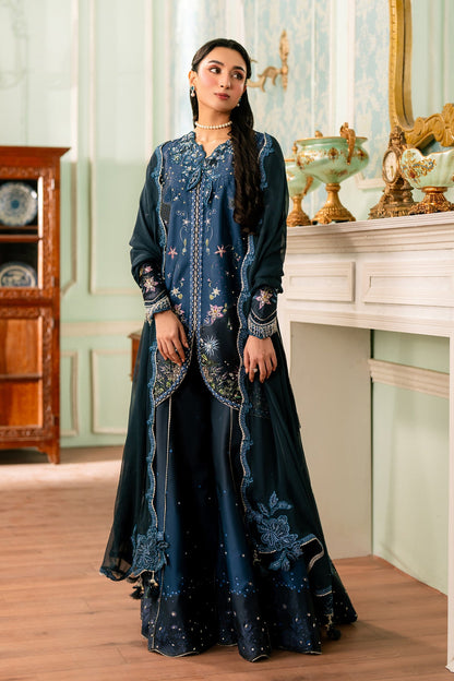 Qalmakar QSL-06 Nerina charmeuse silk printed and embroidered 3-piece suit front view, available for pre-order at Tajori in Bangladesh.