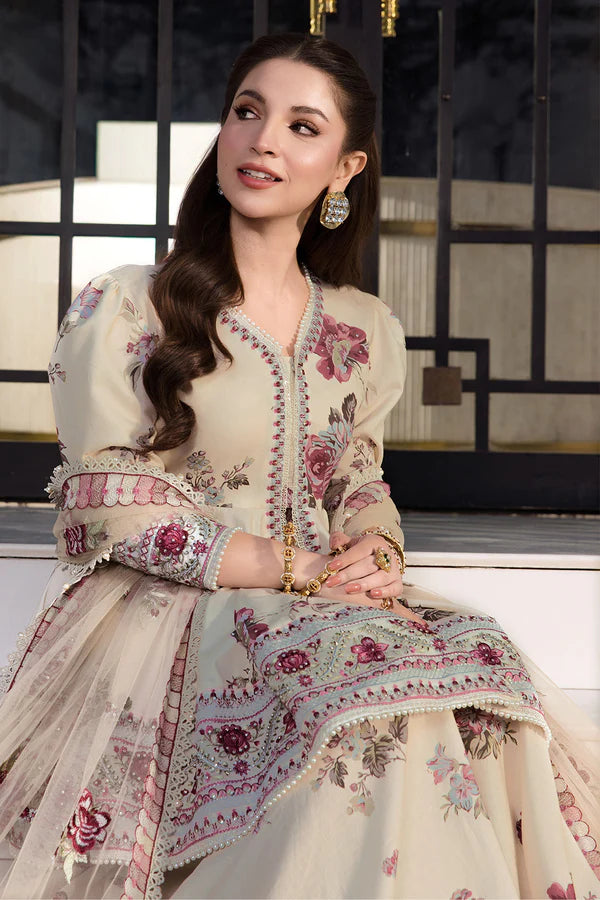 Close-up of So Kamal floral embroidered lawn suit neckline and sleeve detail