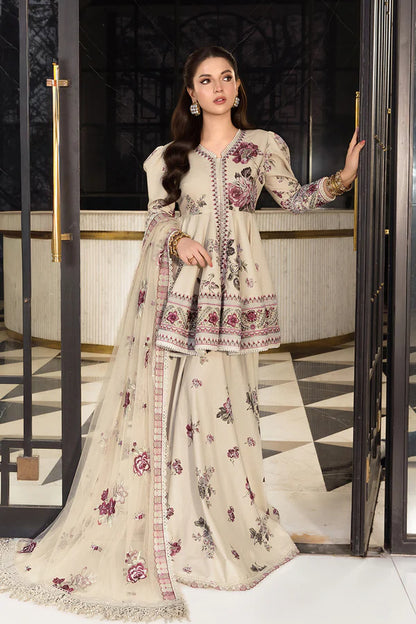 Standing pose in So Kamal embroidered lawn 3-piece suit, luxury Pakistani formal dress