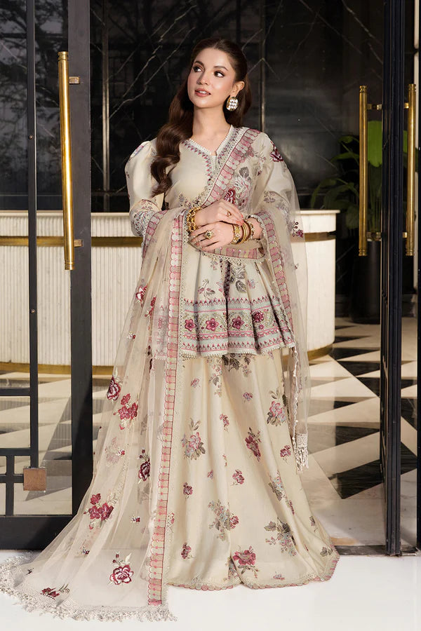 Full view of So Kamal floral lawn 3-piece suit, elegant formal designer outfit for women