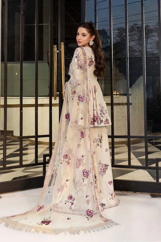 Back view of So Kamal floral embroidered premium lawn 3-piece set with long dupatta