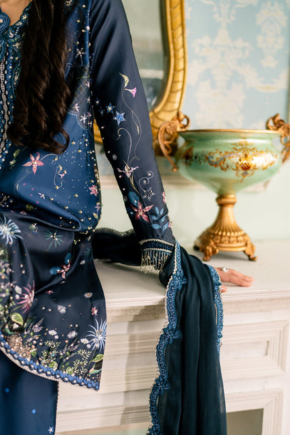 Model posing in Qalmakar QSL-06 Nerina luxury silk ensemble, shop authentic Pakistani unstitched and stitched suits online at Tajori.