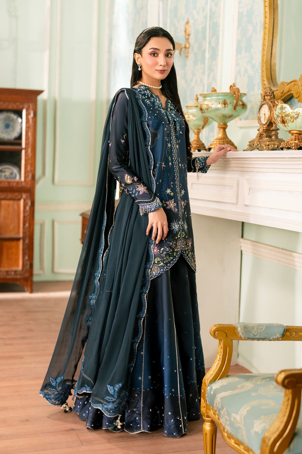 Close-up shot of Qalmakar QSL-06 Nerina handmade embroidered neckline and shirt fabric, top Pakistani boutique collection in Bangladesh