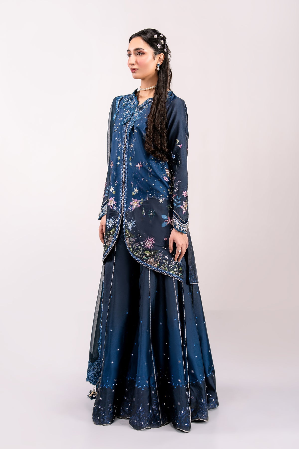 Back view of Qalmakar Nerina digital printed silk suit, authentic Pakistani clothing brand shopping online exclusively at Tajori.