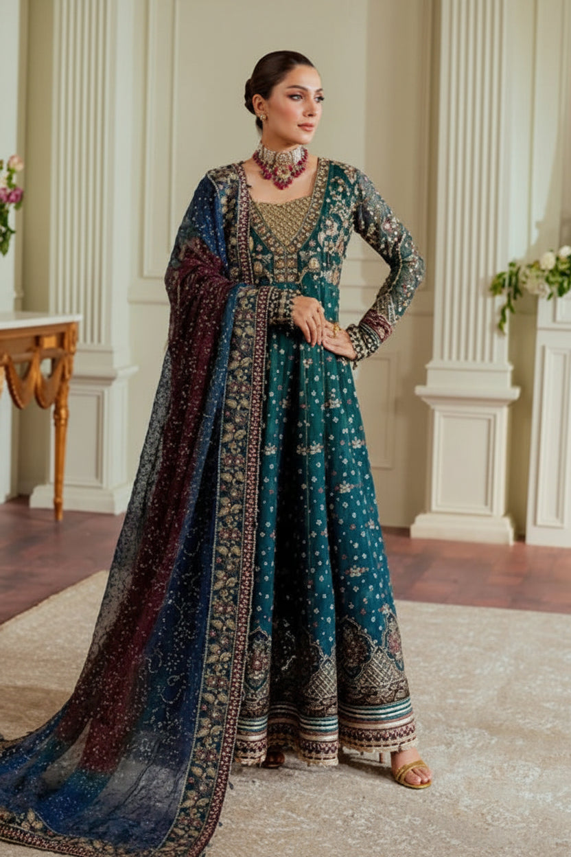 Detailed shot of Baroque original collection bd teal luxury chiffon maxi dress, available for pre-order in Bangladesh at Tajori.