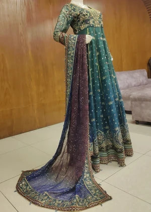 Side angle view of Baroque festive party wear maxi dress showing organza dupatta, best Pakistani boutique dress online bd via Tajori.