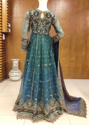 Back view of Baroque teal luxury chiffon maxi dress with intricate embroidery, shop authentic Pakistani salwar kameez online in Bangladesh at Tajori.