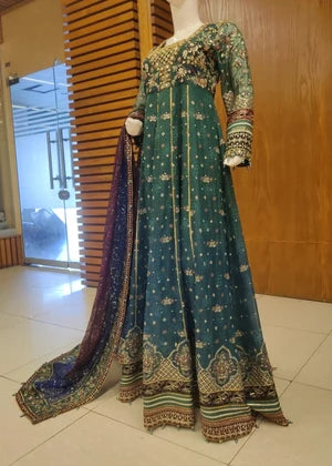 Baroque teal luxury chiffon a-line maxi dress front view on mannequin, original Pakistani designer dress available at Tajori in Bangladesh.