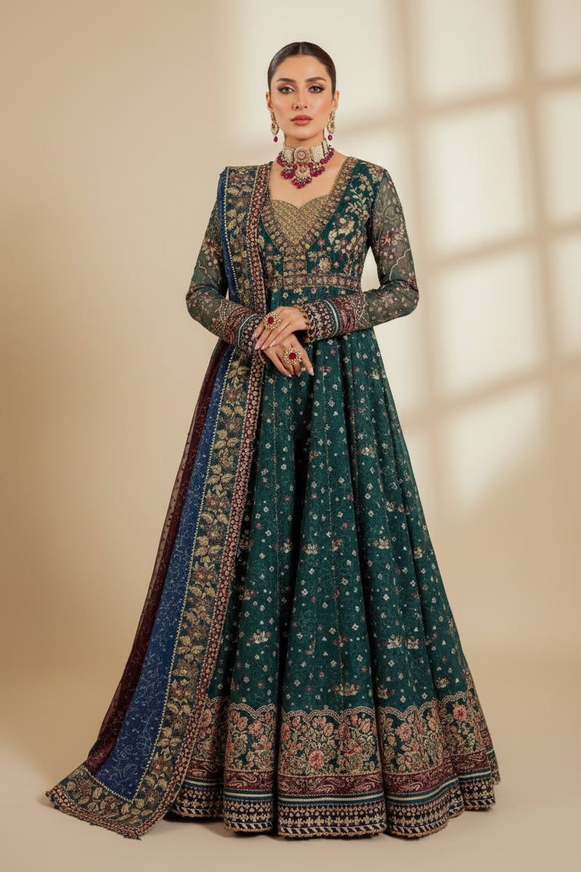 Detailed view of Baroque luxury chiffon outfit sleeve and neckline embroidery, top Pakistani clothing brand shopping in Bangladesh.