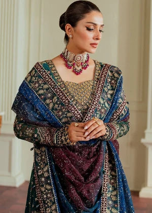 Close-up shot of model wearing Baroque teal festive maxi dress, authentic Pakistani designer wear in Bangladesh exclusively at Tajori.
