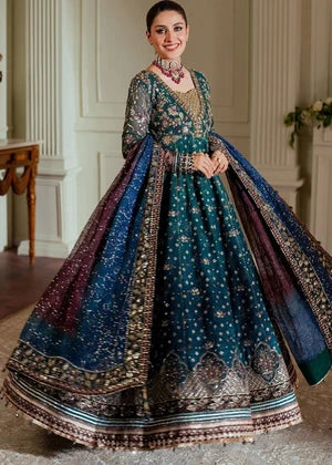 Model posing in Baroque original collection bd teal maxi dress, get best Pakistani three piece price in Bangladesh at Tajori.