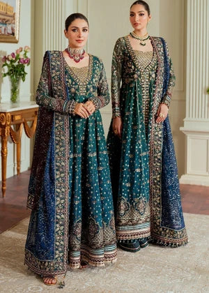 Models wearing Baroque teal luxury chiffon a-line maxi collection, top Pakistani clothing brand in Bangladesh available at Tajori.