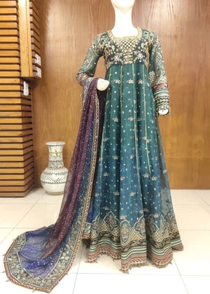 Full length display of Baroque teal chiffon maxi with velvet borders, buy original Pakistani dresses in Bangladesh with pre order service.
