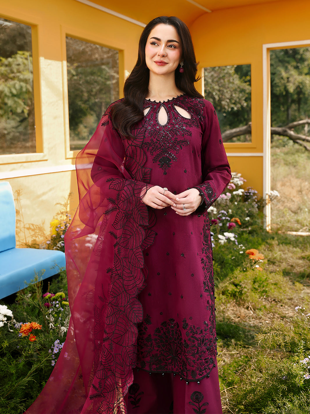 Allys Official Women's Embroidered Chikankari Suit Cherry AL-1135