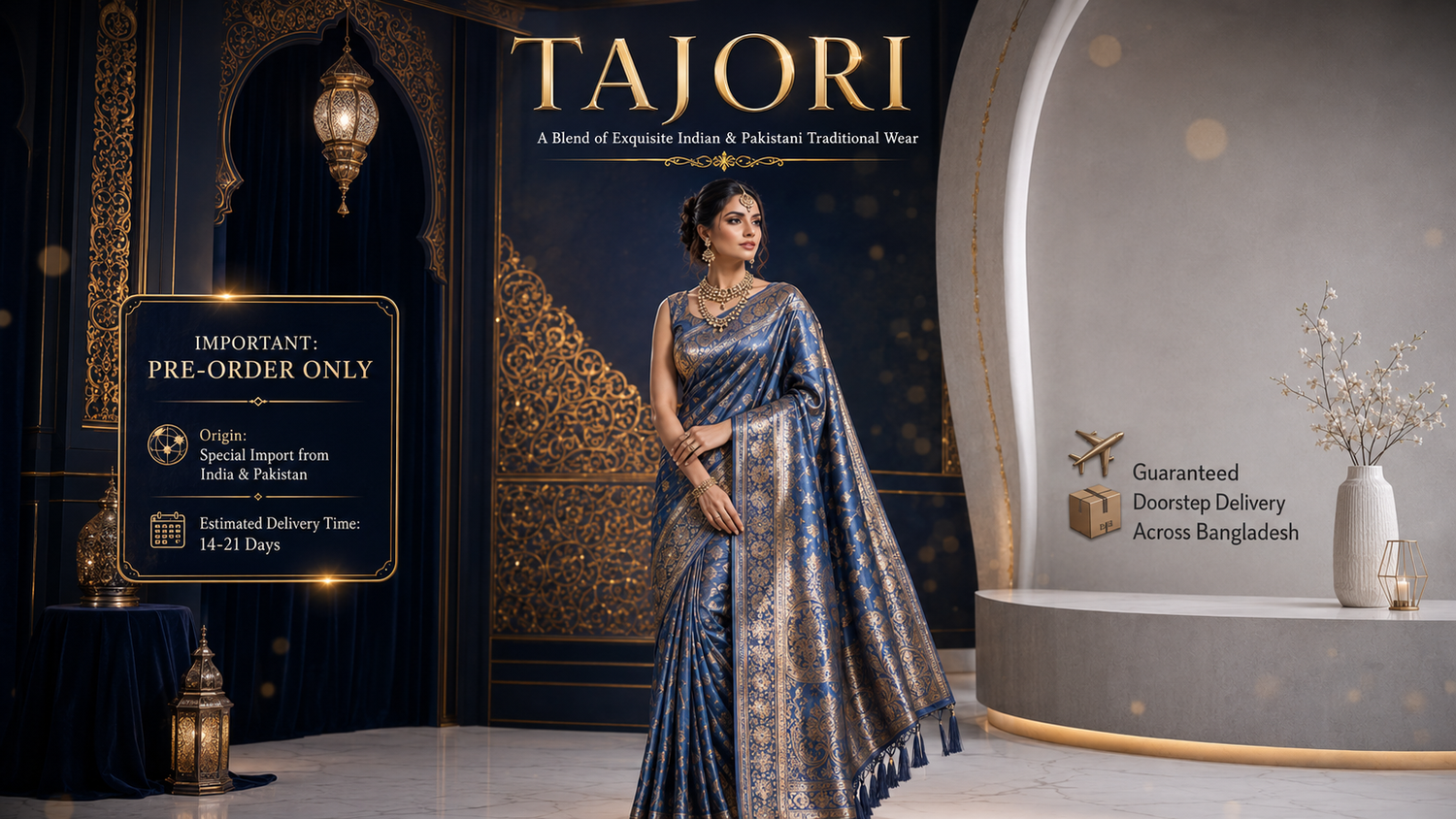 Woman in a blue saree standing in front of a Tajori advertisement with decorative elements.
