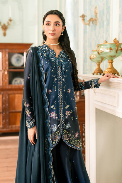Model wearing Qalmakar Nerina luxury silk outfit with chiffon dupatta, buy original Pakistani designer dresses online in BD at Tajori.