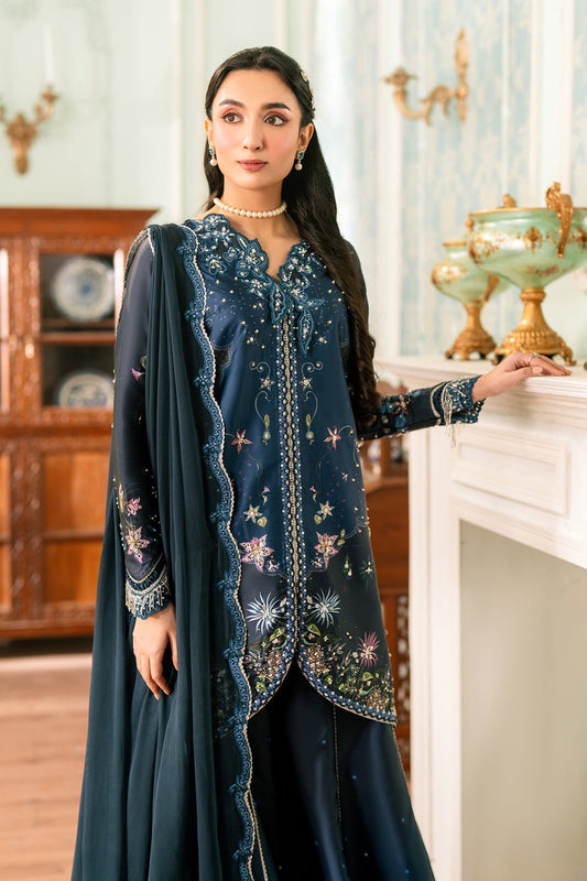 Model wearing Qalmakar Nerina luxury silk outfit with chiffon dupatta, buy original Pakistani designer dresses online in BD at Tajori.