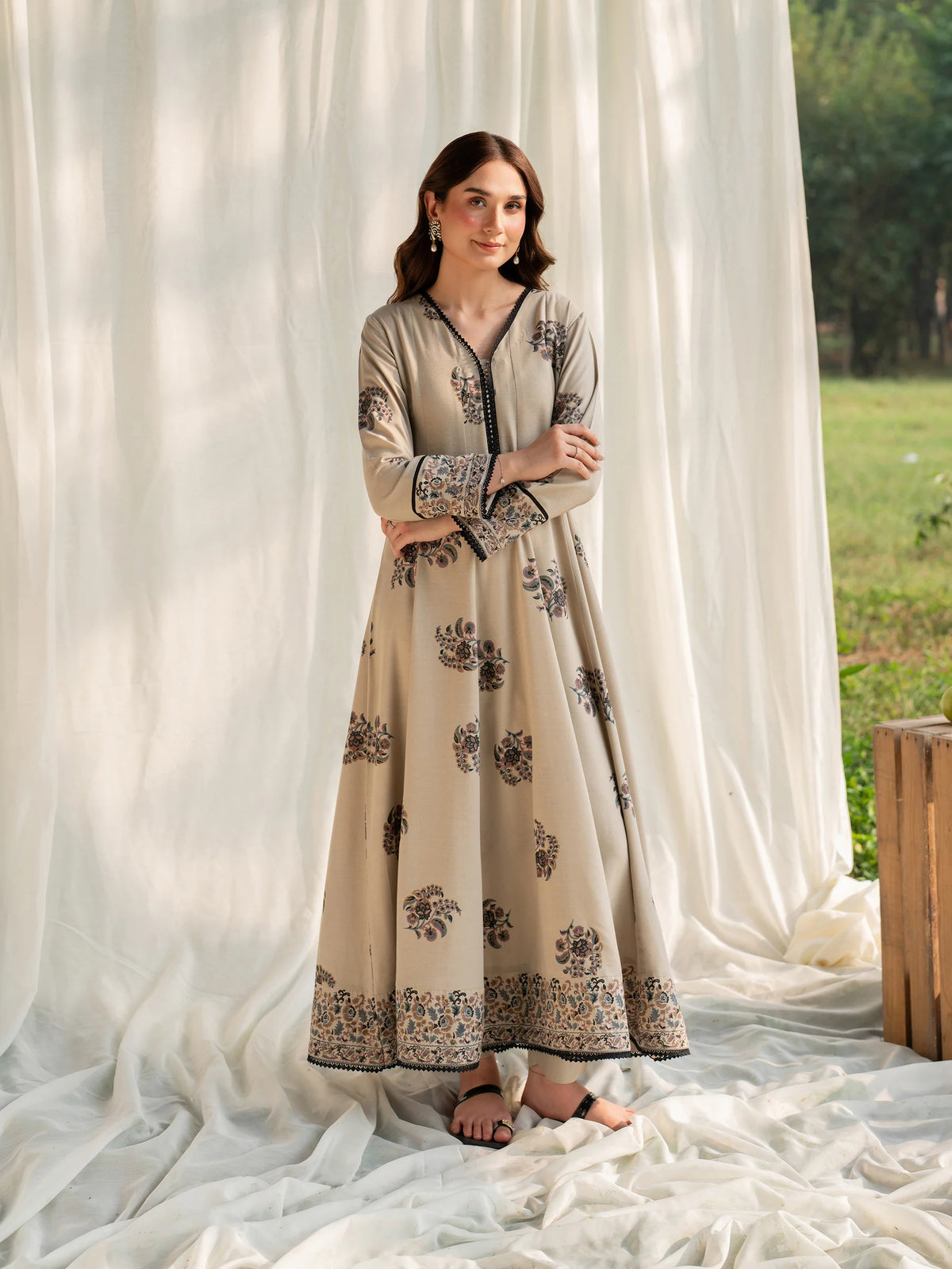 Dune Mist Garnet Clothing full-length stitched cotton frock suit with black and beige screen print and silk dupatta