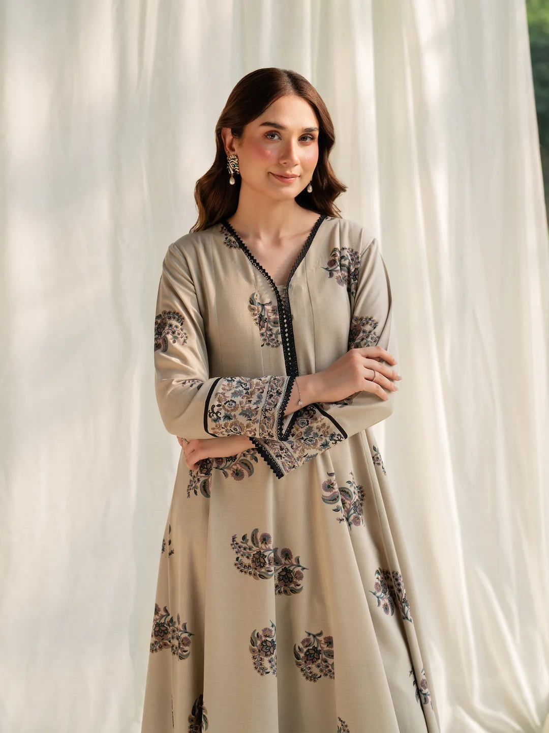 Dune Mist designer stitched cotton frock upper body view with beige and black print