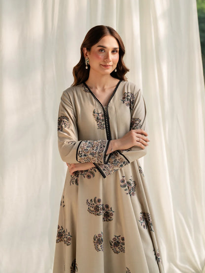 Dune Mist designer stitched cotton frock upper body view with beige and black print
