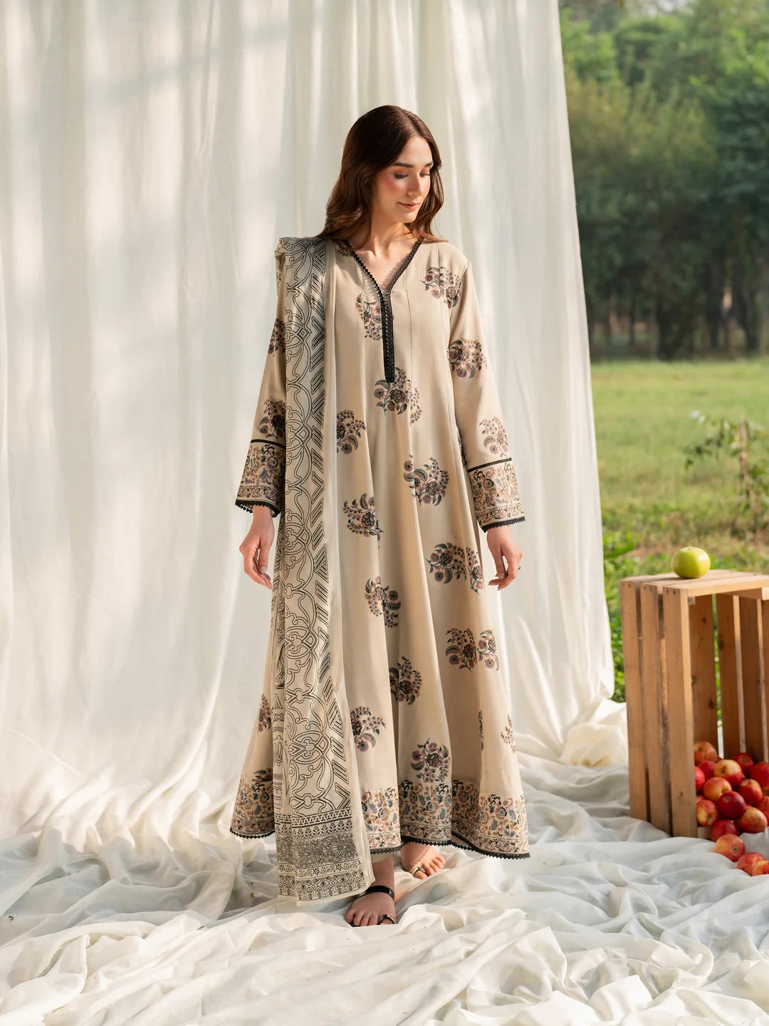 Dune Mist stitched cotton suit with printed silk dupatta by Garnet Clothing full-length view