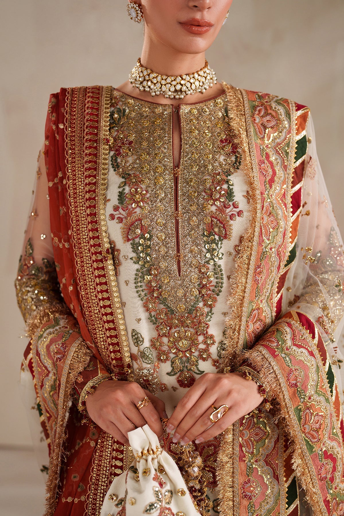 Premium Baroque embroidered net dress for wedding occasions, authentic Pakistani fashion style.