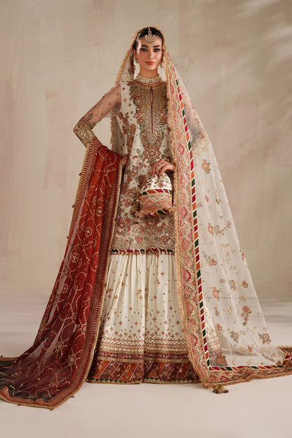 Elegant Pakistani designer unstitched suit by Baroque featuring detailed thread work and silk dupatta
