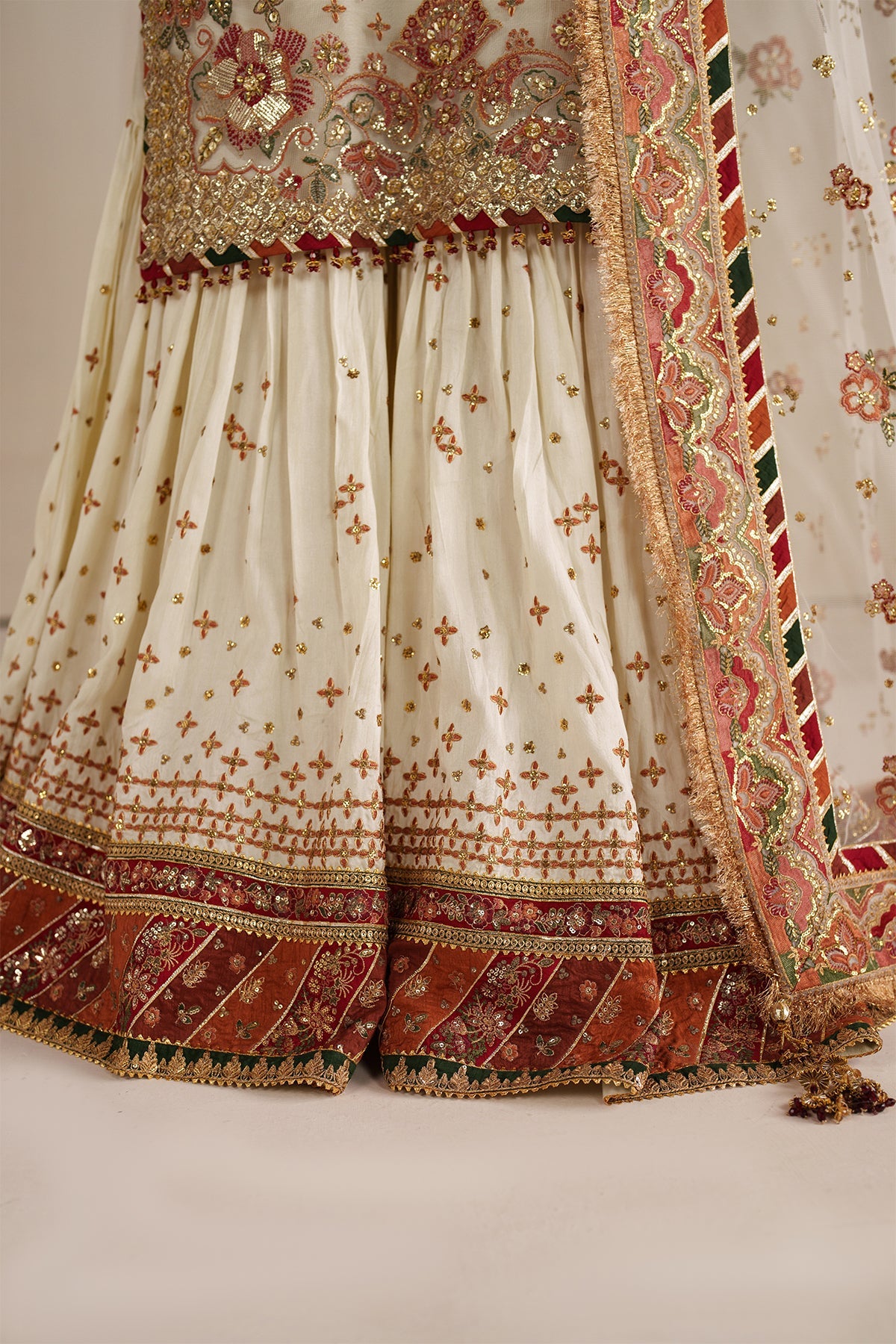 High-fashion Pakistani ethnic wear featuring intricate net fabric and traditional embroidery details