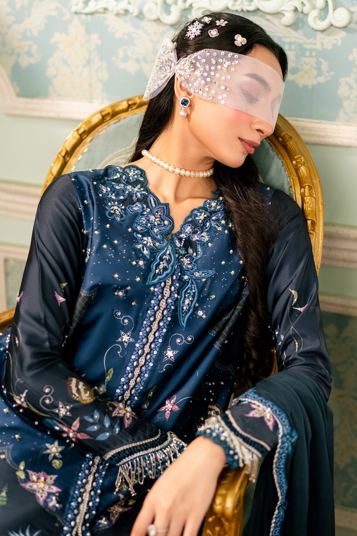 Detailed view of Qalmakar Nerina sleeves and organza border embroidery, pre-order Pakistani dresses with 30% advance in Bangladesh.