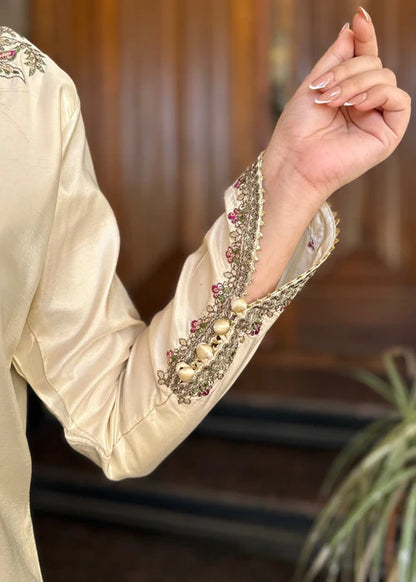 Designer sleeve embroidery on luxury off-white kurta, detailed ethnic craftsmanship, stylish party wear dress collection