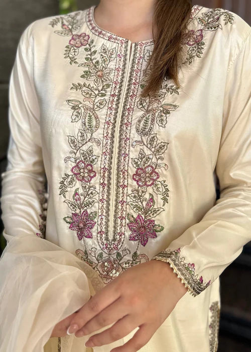 Intricate embroidery detail on off-white organza kurta, premium Pakistani luxury fashion design, wedding party wear kurta Bangladesh