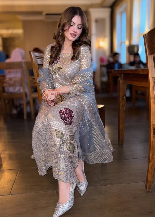 Model Worn Look: Stylish Grey Sequined Set - Tajori Exclusive