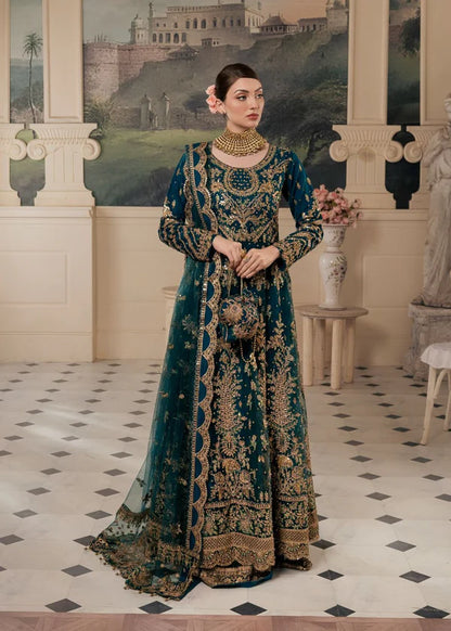 Full frontal view of model in Haseens Official Heera cobalt blue embroidered 3-piece set