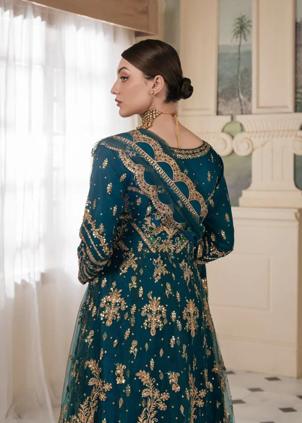 Back view of Haseens Official Heera cobalt blue stitched anarkali maxi with intricate embroidery