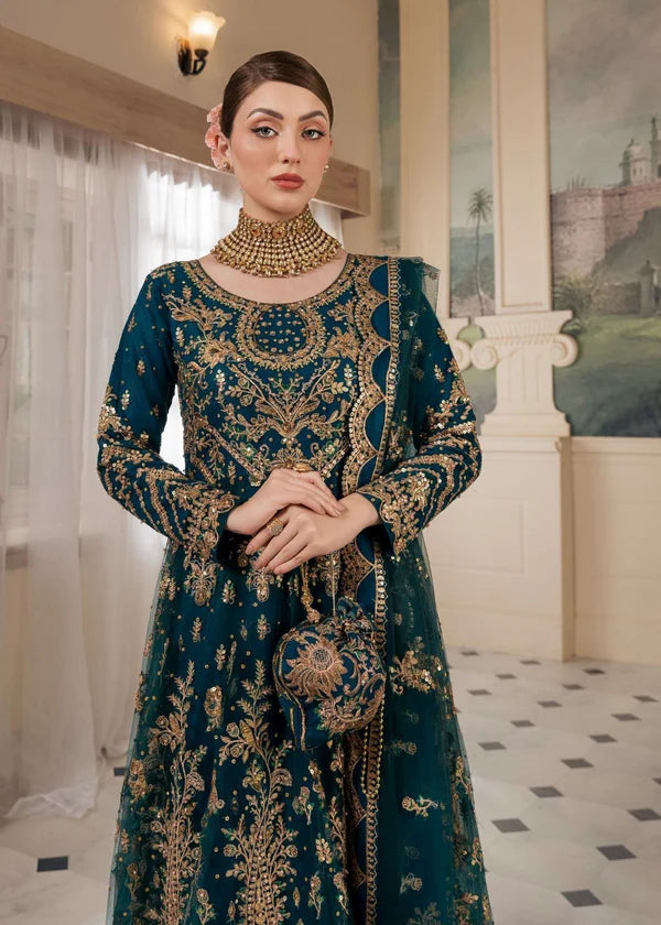 Front view of Haseens Official Heera cobalt blue embroidered anarkali maxi, luxury stitched suit