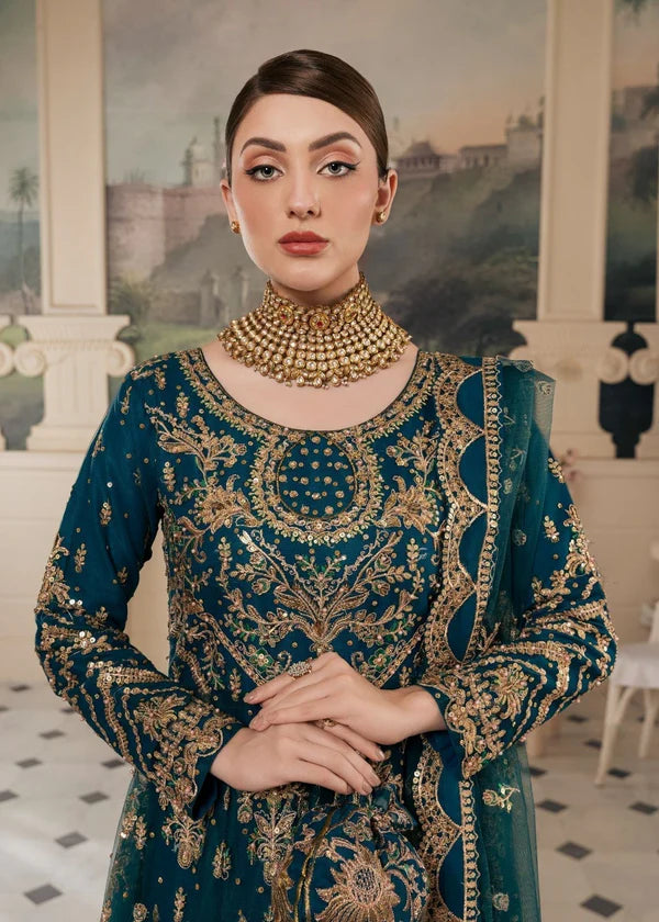 Close-up of Haseens Official Heera cobalt blue embroidered neckline and bodice detail