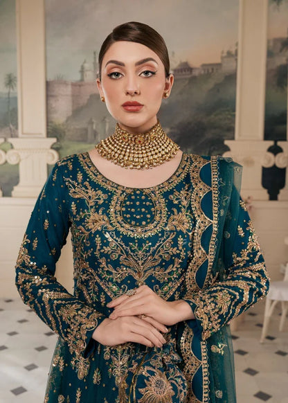 Close-up of Haseens Official Heera cobalt blue embroidered neckline and bodice detail