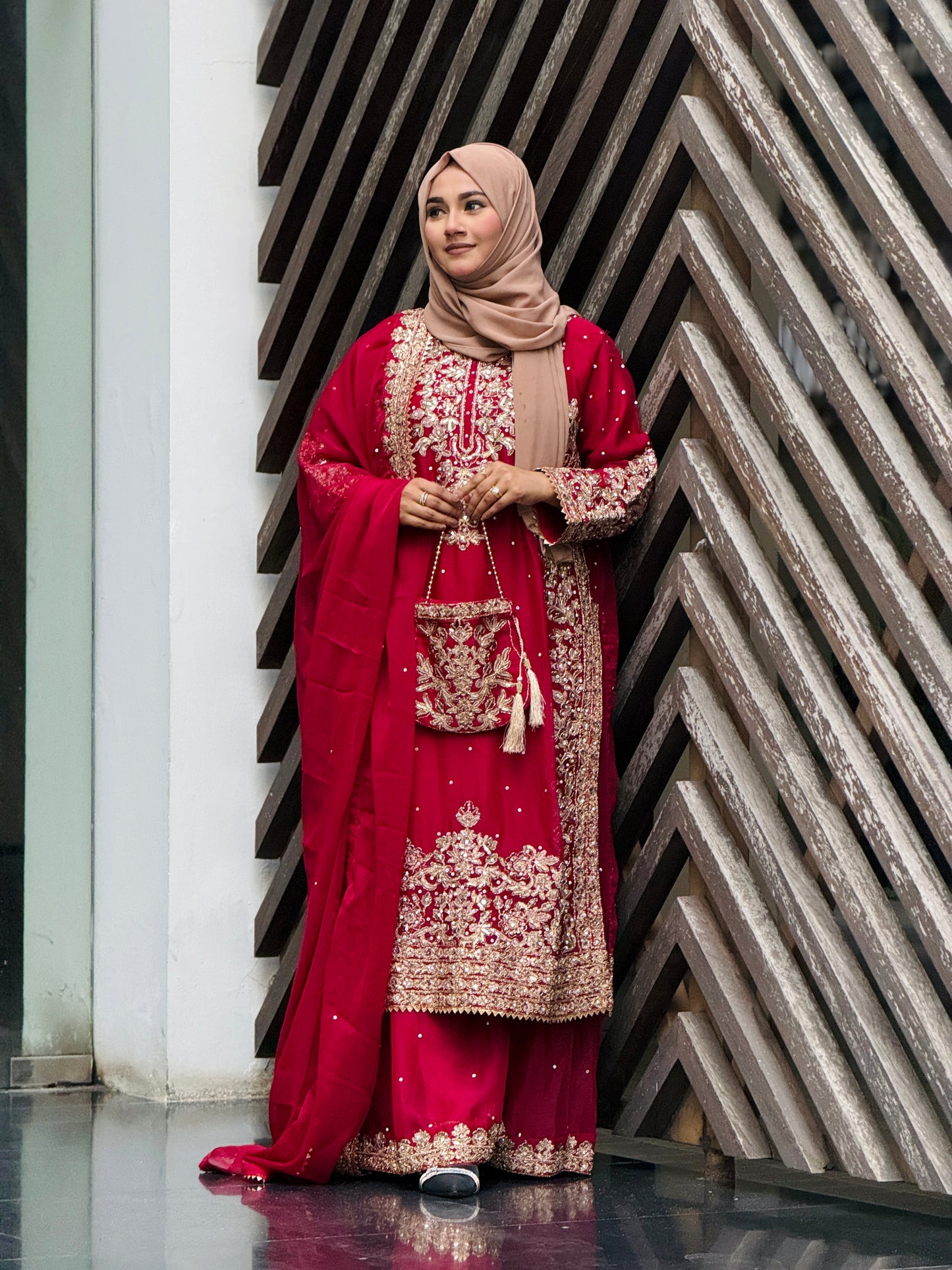 Haseens Official Lamyah maroon chiffon flared sharara 4-piece set model view, available for pre-order at Tajori in Bangladesh.