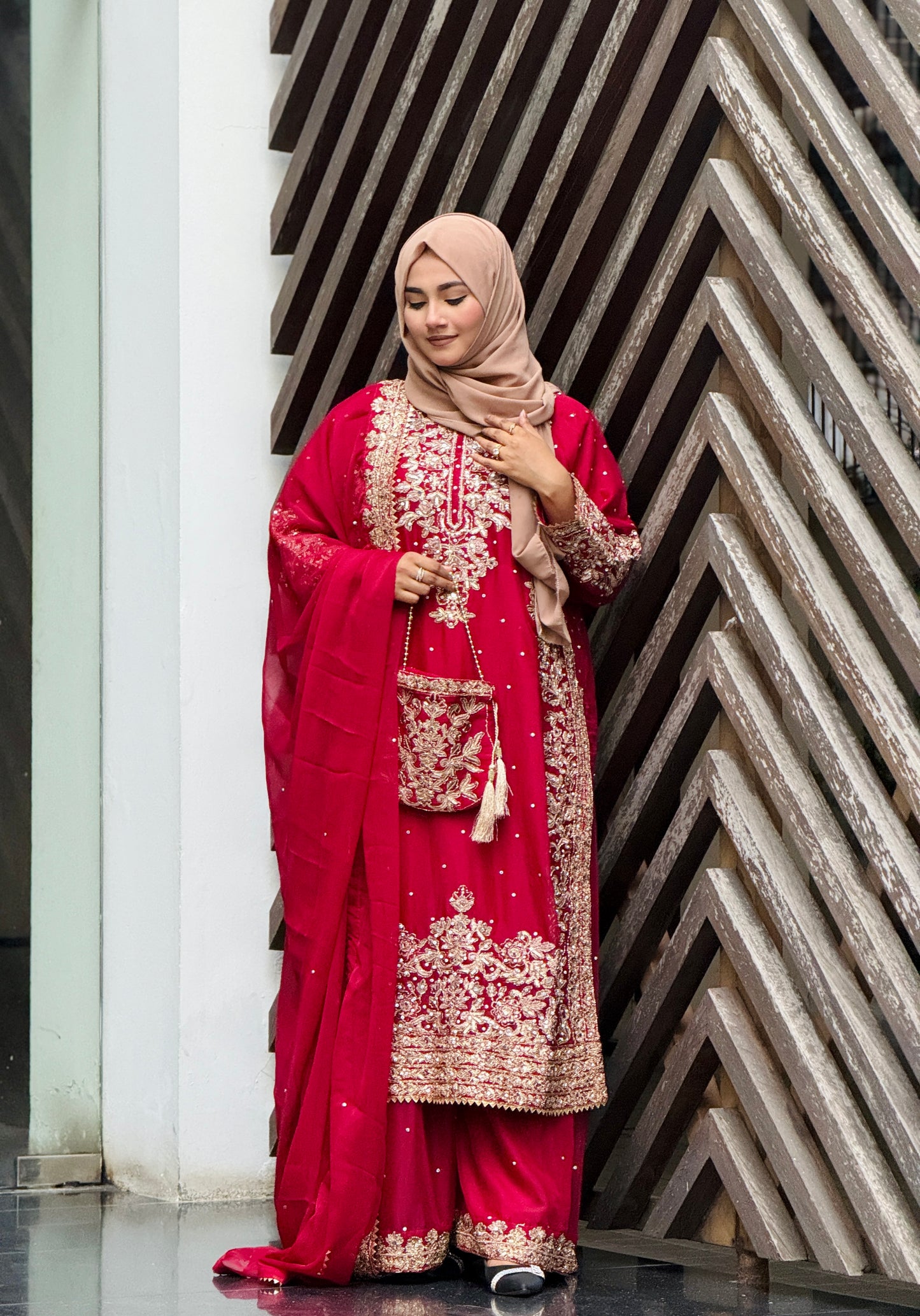 Back and side view of Haseens Lamyah maroon festive wear party dress, buy original Pakistani dresses online in BD.